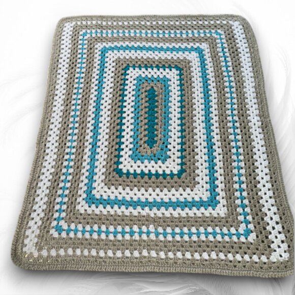 Handmade Crochet Granny Square Blanket 32 x 37 inch Teal Gray White - Picture 7 of 7
